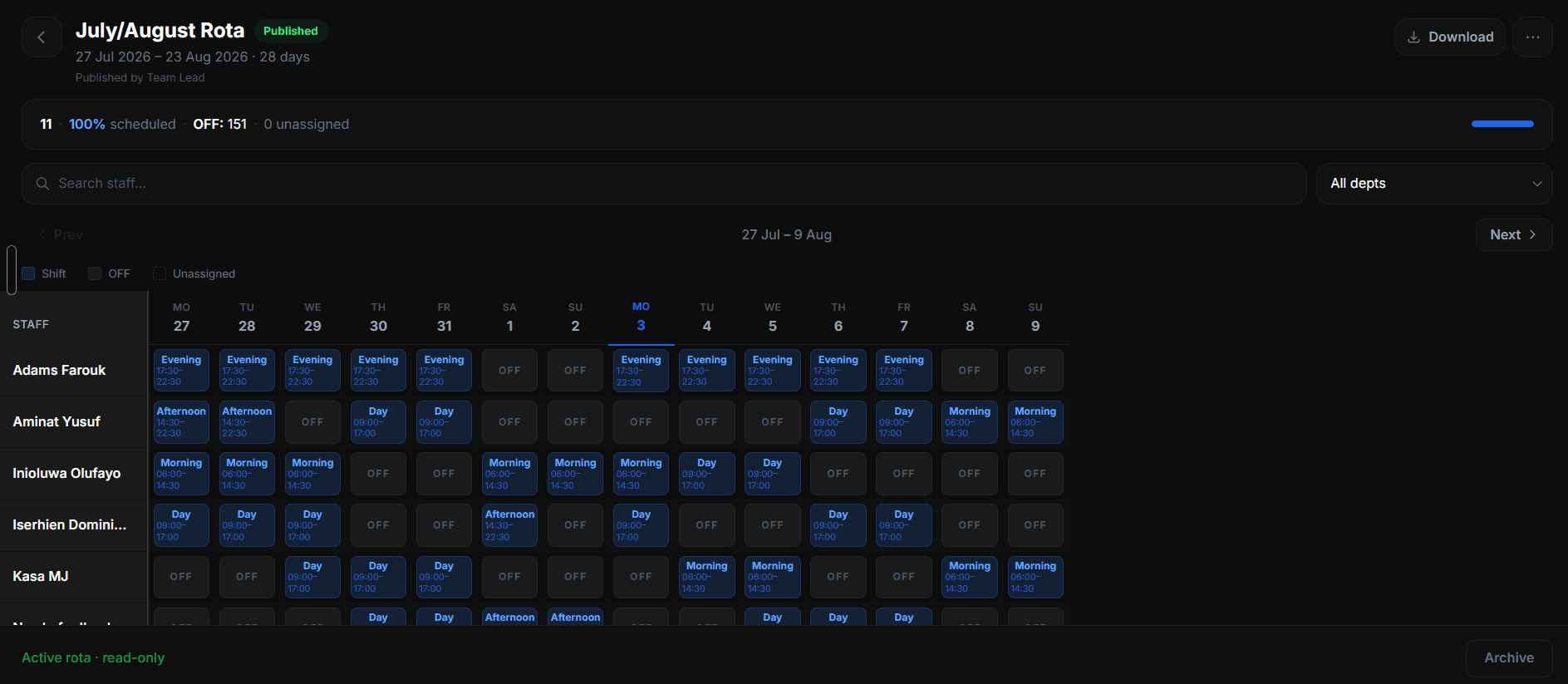 MAXIFORTE Attend rota calendar showing published shifts assigned across the team for the coming weeks